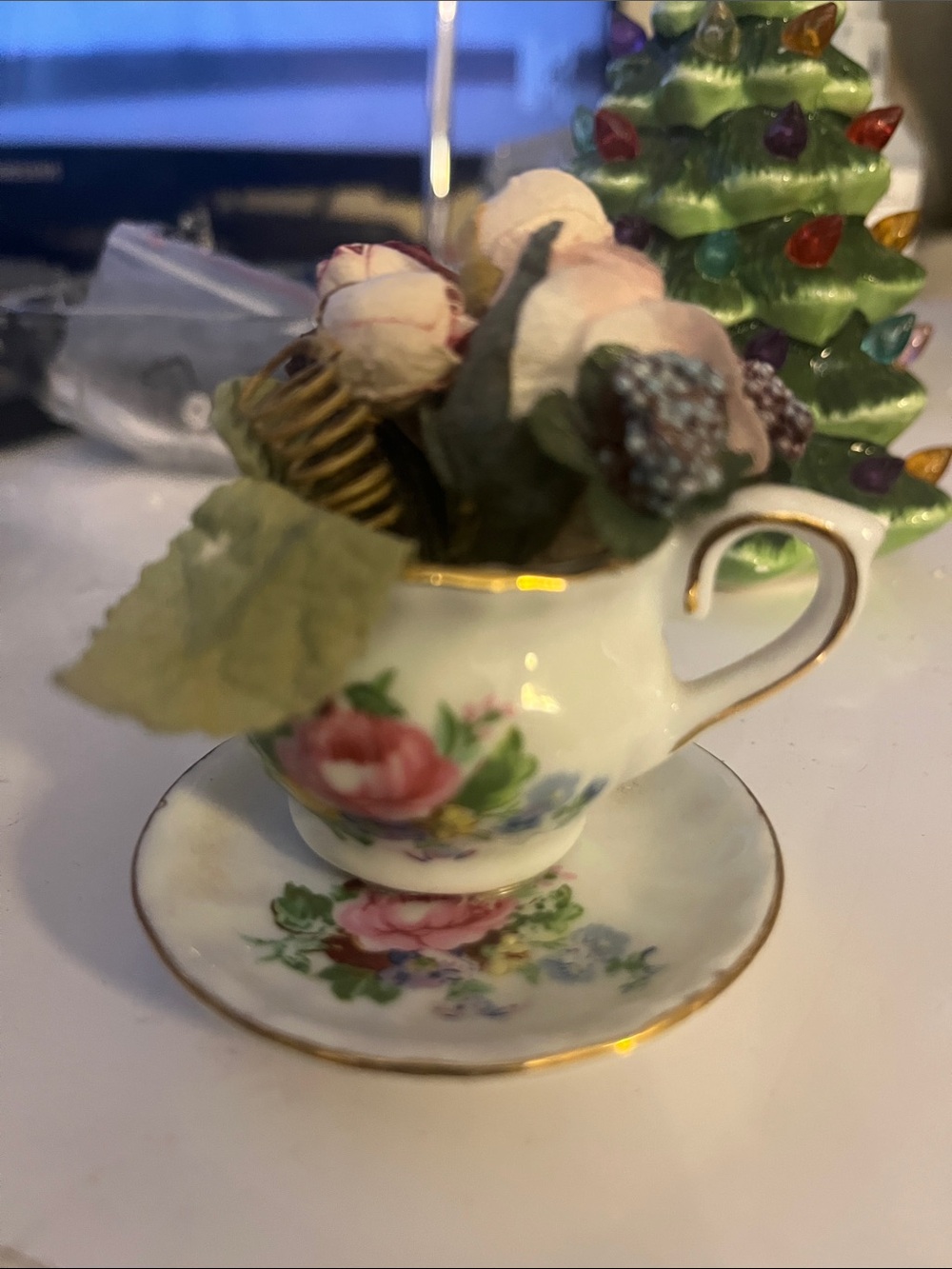 Porcelain Teacup and Saucer Faux Floral Accent - White with Pink Floral